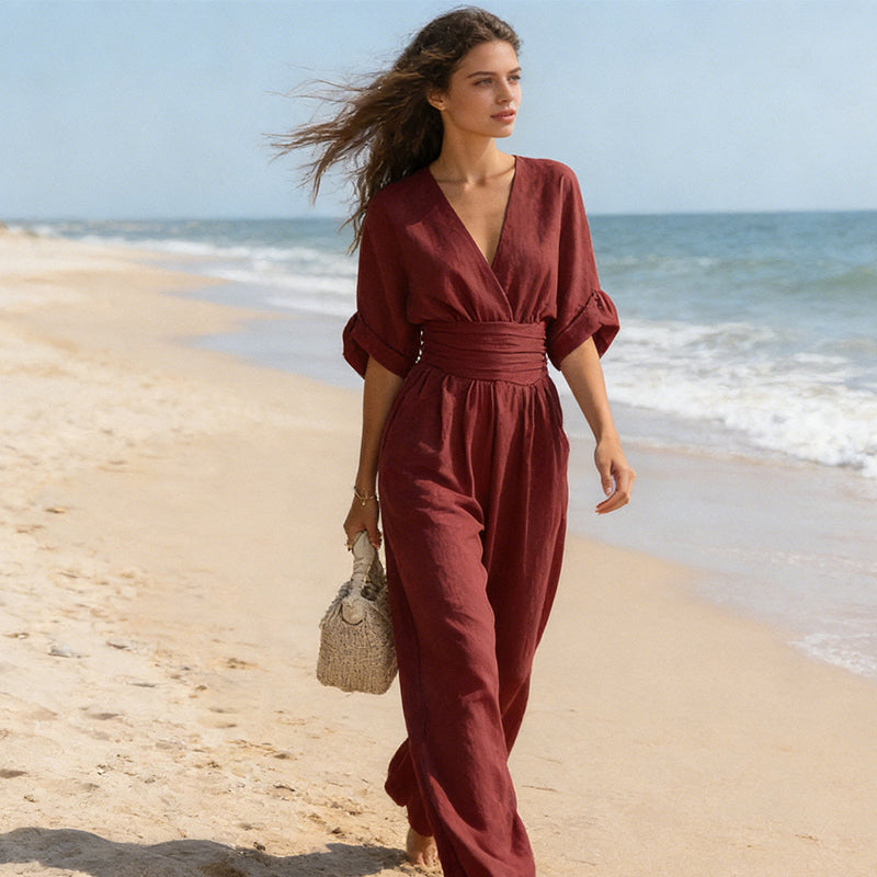 Estilo casual elegante: mono de mujer con diseño de pierna ancha, cintura alta y escote en V pronunciado.