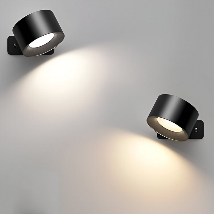Foco LED inalámbrico y recargable, regulable y con giro 360°, fácil instalación en pared.
