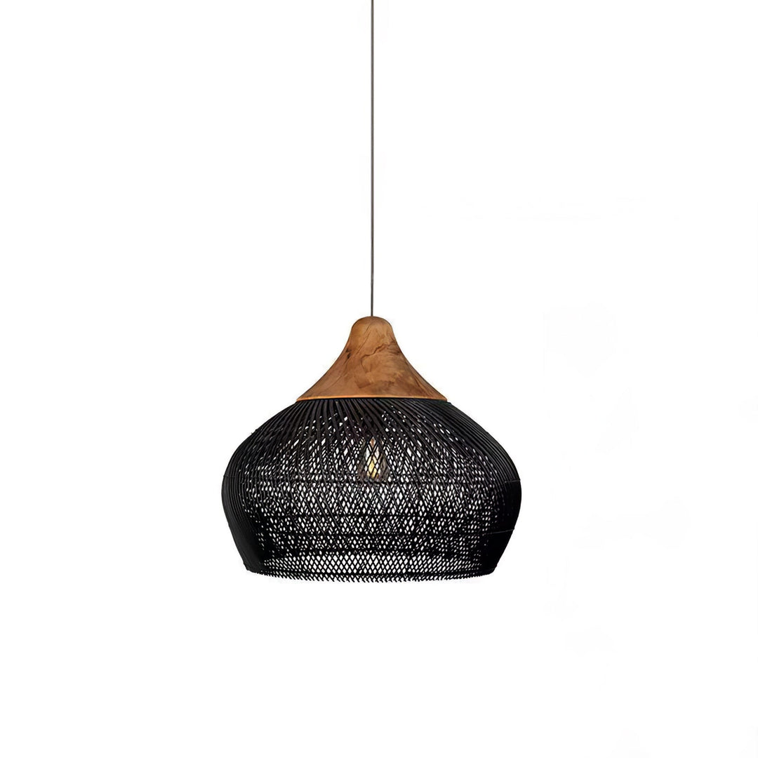 Luz colgante natural, estilo arpa, artesanal, para un toque minimalista en el comedor.