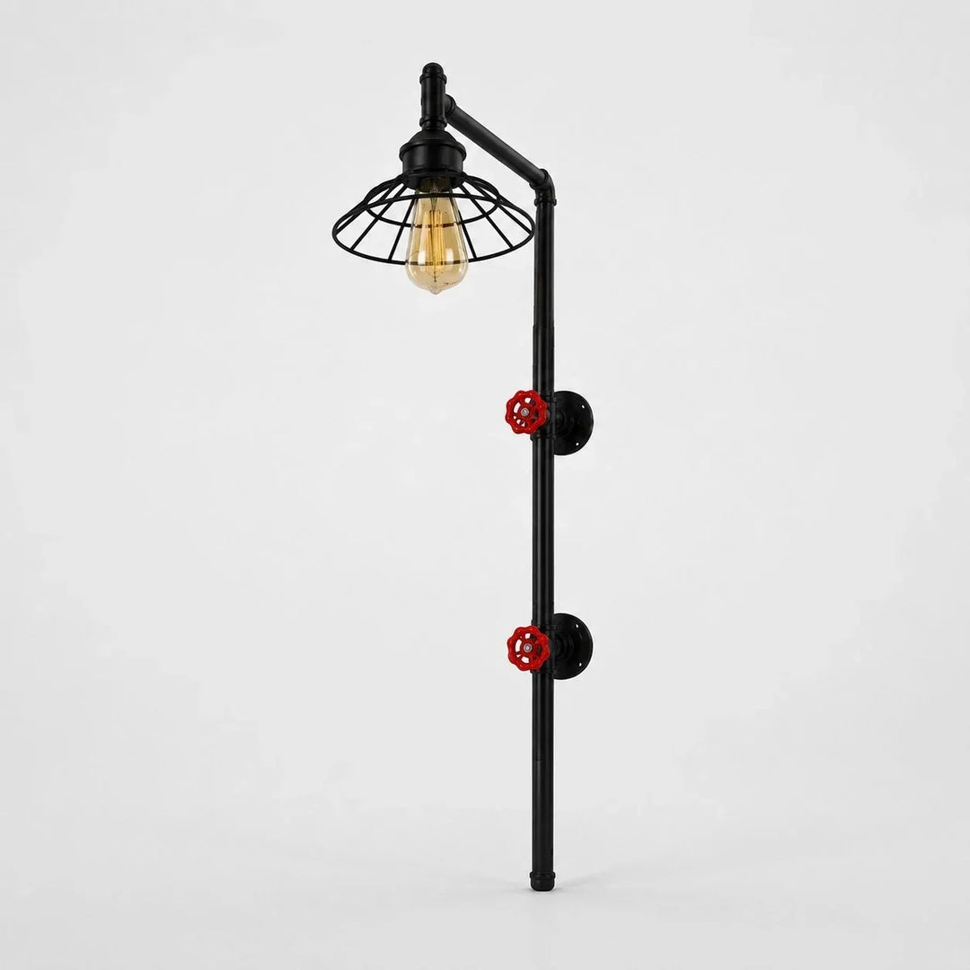 Lámpara industrial de pared con válvula roja para decoración loft y ambiente vintage.