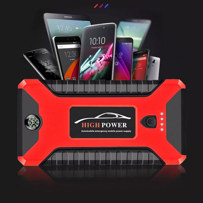 Tranquilidad en carretera: arrancador portátil 300A, cargador USB y linterna LED para tu seguridad vial.
