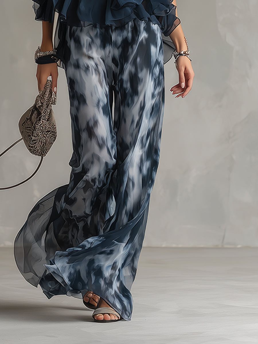 Conjunto casual elegante para mujer: top halter volantes y pantalón ancho azul marino. Ideal para verano.