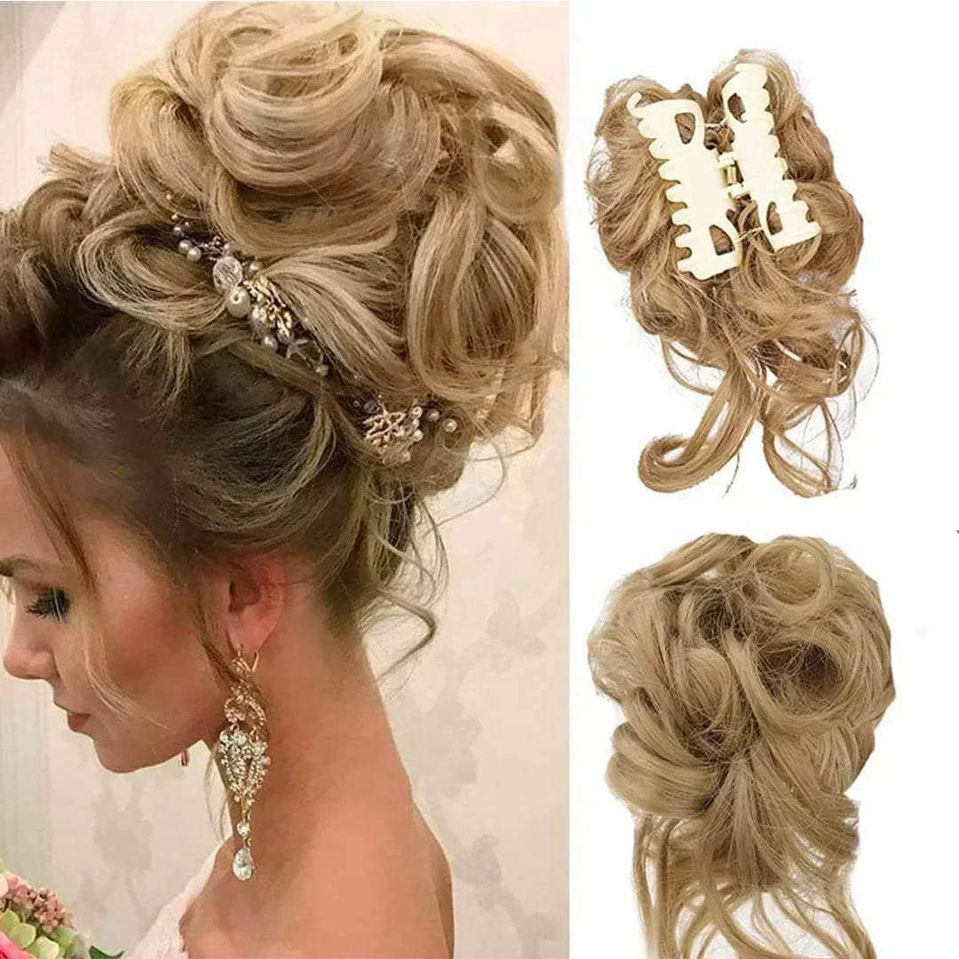 Moño rizado con clip, extensión de cabello sintético para un volumen extra y estilo natural.