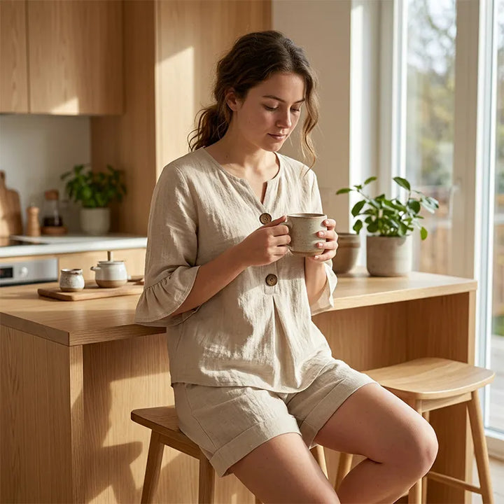 Conjunto versátil de blusa y shorts para mujer, perfecto para un look relajado y a la moda.