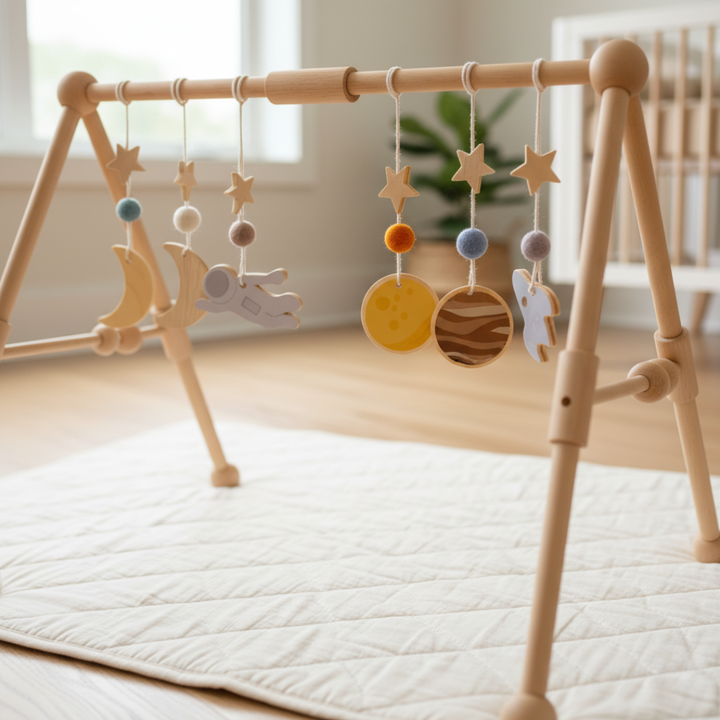 Arco de juegos de madera con base antideslizante, garantiza la seguridad del bebé durante el juego.