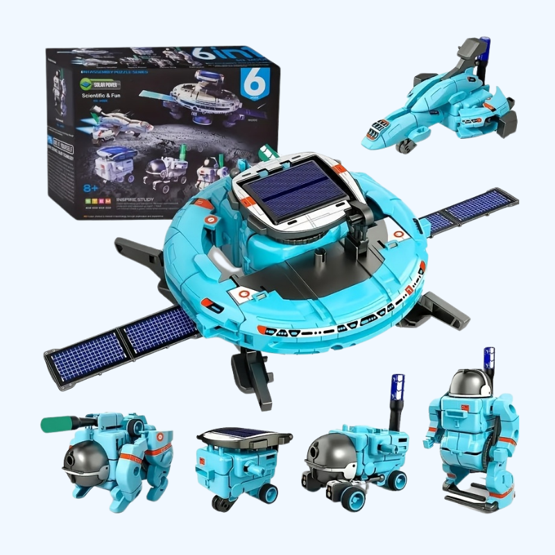 Niños construyendo un robot solar 6 en 1. Juguete educativo STEM que enseña robótica y energía.