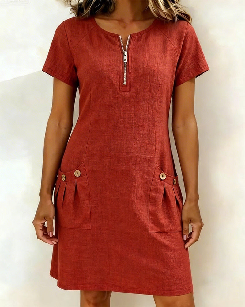 Vestido corto de mujer, ideal para el verano, con bolsillos laterales y cuello con cremallera.