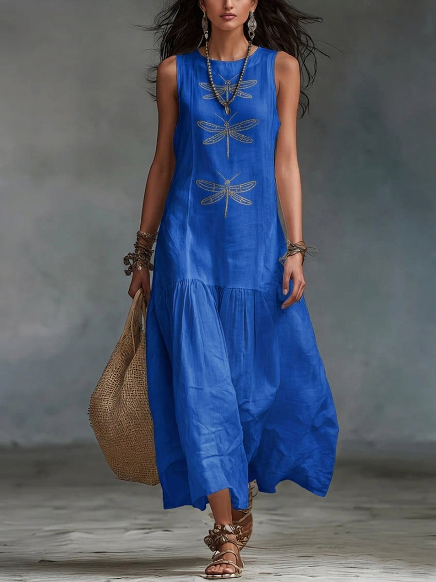 Vestido de mujer largo de lino natural con bordado de libélulas. Un look casual y cómodo para el verano.