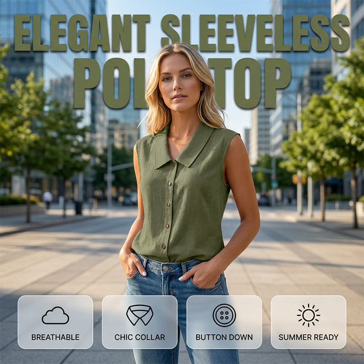Vista trasera de blusa fluida sin mangas. Caída elegante para mujer, ideal para días casuales de verano.