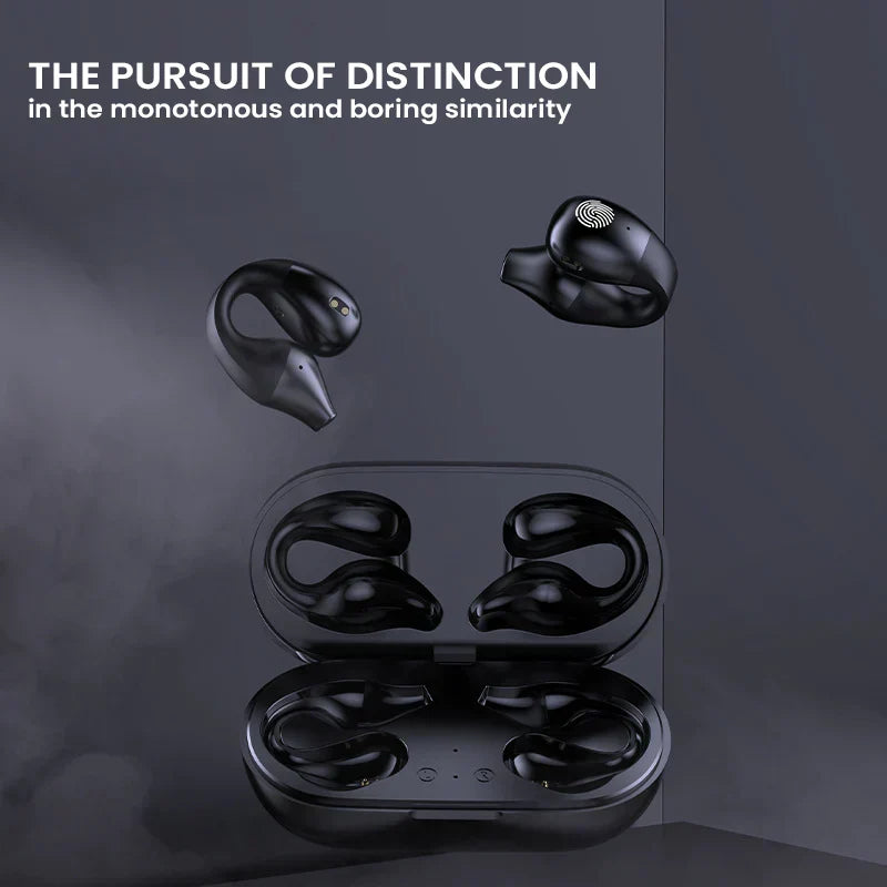 Detalle de los auriculares Bluetooth con clip, tecnología inalámbrica y diseño abierto.