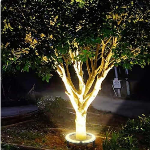 Foco LED eficiente energía para árboles, luz cálida para decoración exterior paisajística.