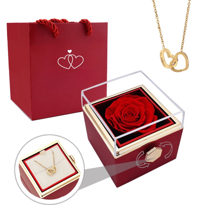 Caja de rosa eterna roja con collar personalizado, regalo romántico para damas.