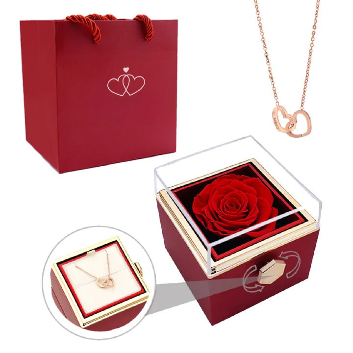 Regalo elegante: caja de rosa eterna con collar personalizado para damas.