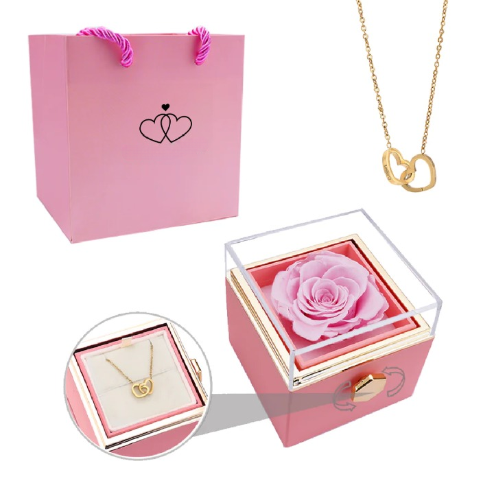 Regalo de aniversario: rosa eterna con collar personalizado para damas.