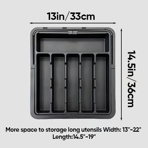 Organizador de cajón extensible y ajustable, ideal para utensilios de cocina y material de oficina.