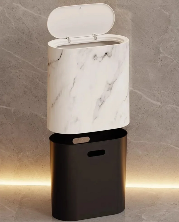 Cesto de basura de estilo nórdico y mármol, complementa la decoración de cualquier cocina u oficina.