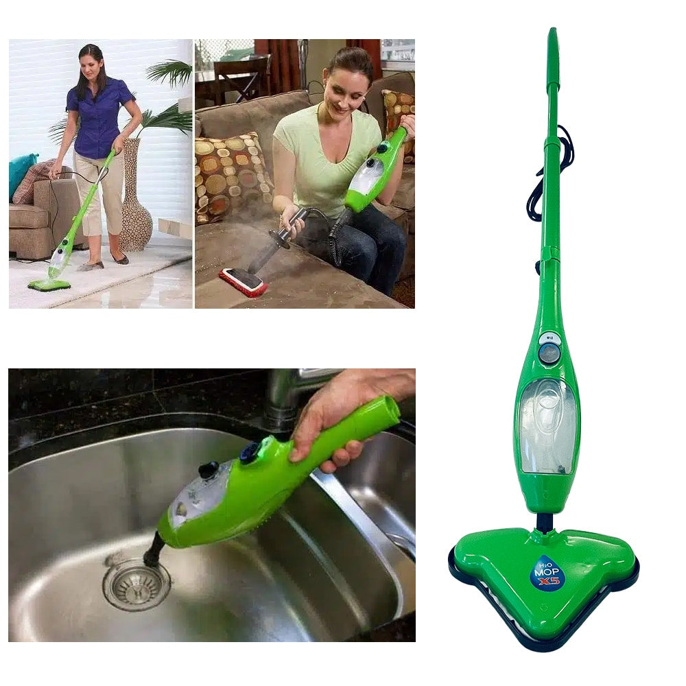 Mopa de vapor H2O X5 limpiando el suelo. Desinfección profunda del hogar de forma rápida y eficaz.