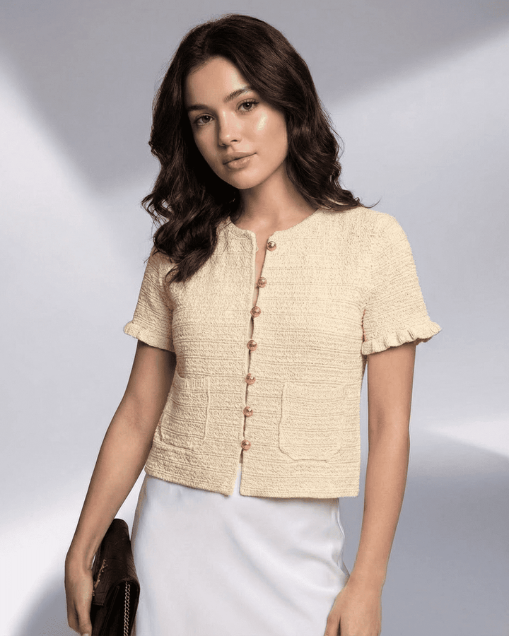 Cárdigan Elara blanco de mujer, manga corta, cuello redondo, elegante para verano y primavera.