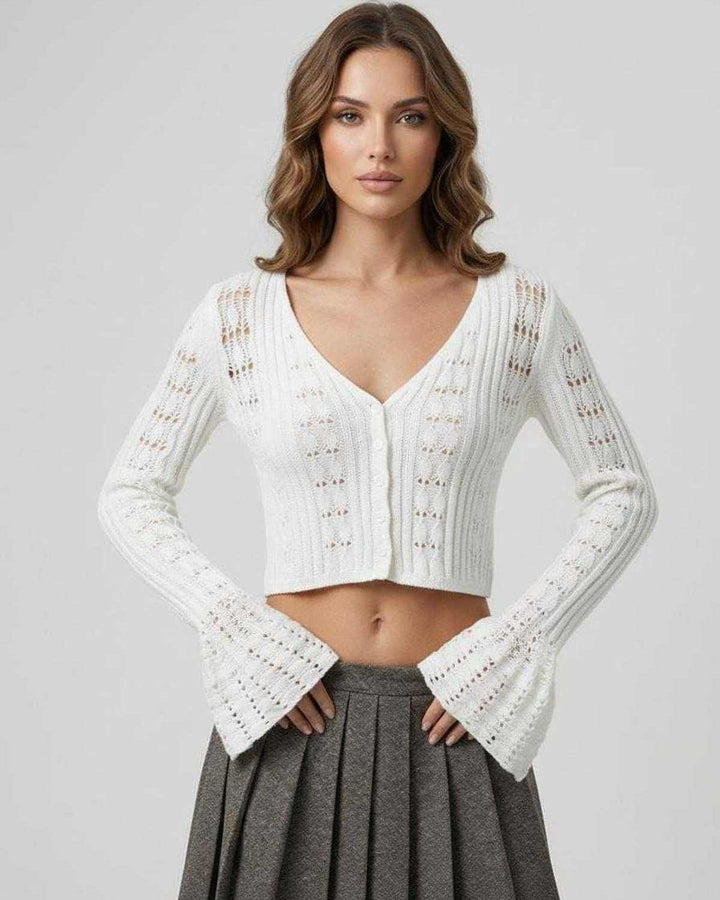 Cárdigan Elara blanco mujer, estilo corto y elegante. Suéter de manga larga versátil para un look de moda.