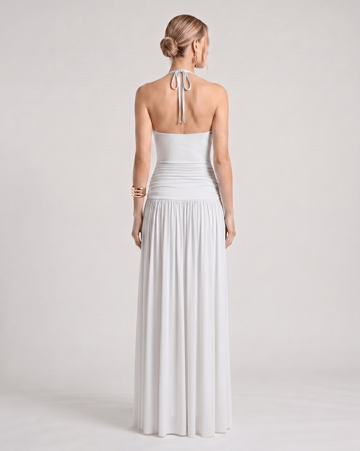 Vestido maxi versátil para mujer, estilo halter. Elegante, fluido, perfecto para día y noche.
