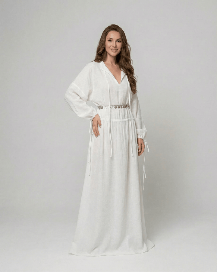 Vestido maxi blanco Elara para mujer, corte A, manga larga. Elegancia fluida y cómoda para verano.
