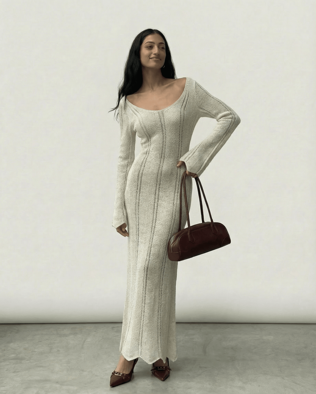Vestido maxi acanalado Elara, elegancia bodycon y mangas acampanadas. Vestido largo de moda femenina, estilo casual o de noche.