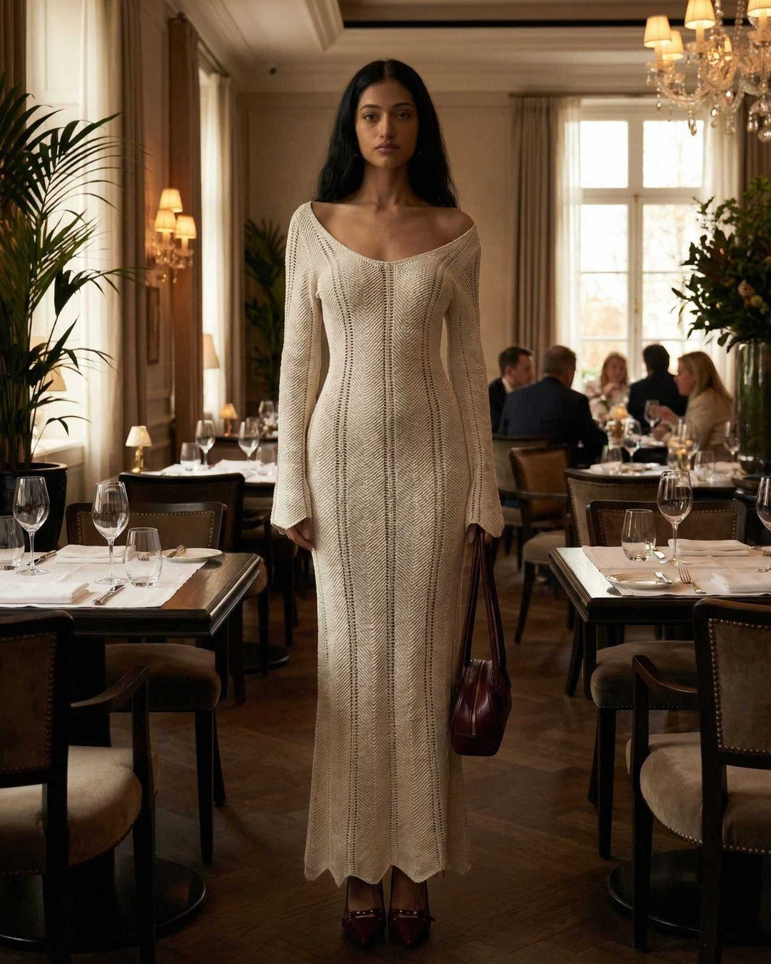 Vestido de fiesta Elara, maxi acanalado para mujer con mangas acampanadas. Un vestido bodycon largo y elegante con cuello V.