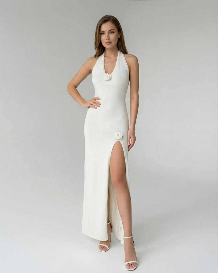 Vestido maxi halter blanco de mujer, estilo elegante para verano y fiesta.