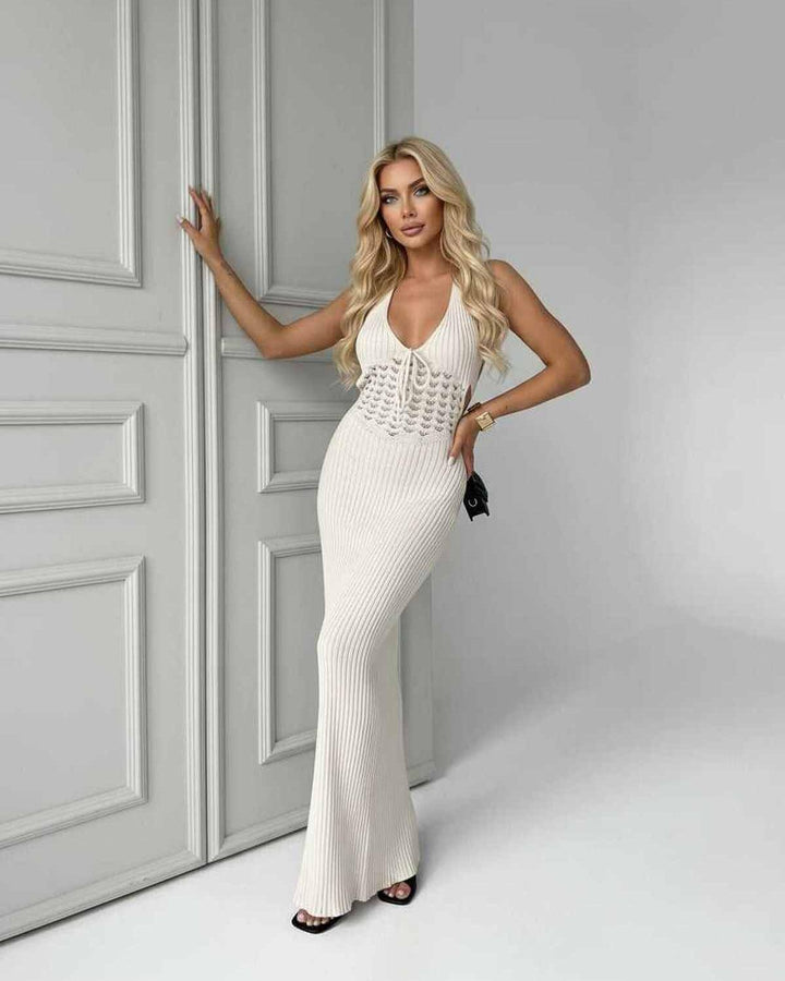 Vestido maxi blanco acanalado con escote V para mujer, estilo Elara, sin mangas, elegancia veraniega y versátil.