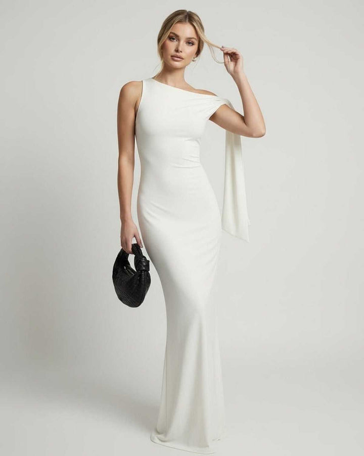 Vestido formal blanco de un hombro para mujer, perfecto para ocasiones especiales y eventos de noche.