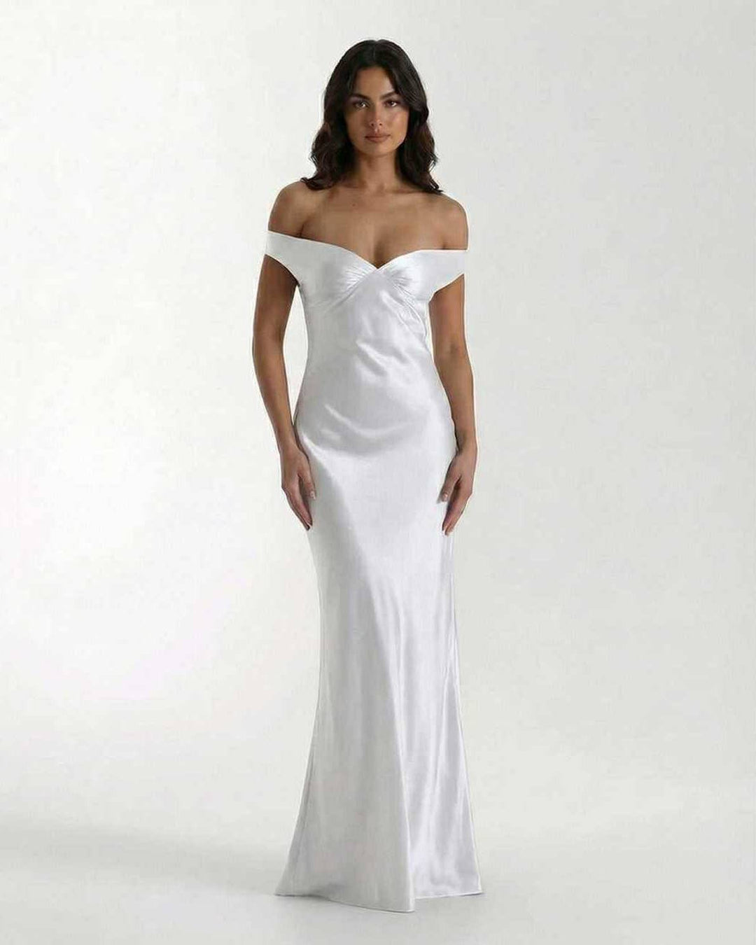 Vestido maxi blanco Elara off shoulder, elegante, para mujer. Ideal noche, fiesta, evento formal.