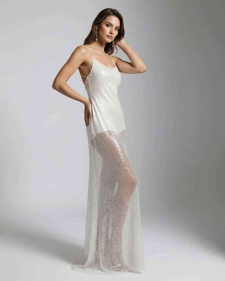 Vestido maxi blanco fluido con lentejuelas, vestido largo elegante de fiesta para eventos nocturnos de mujer.