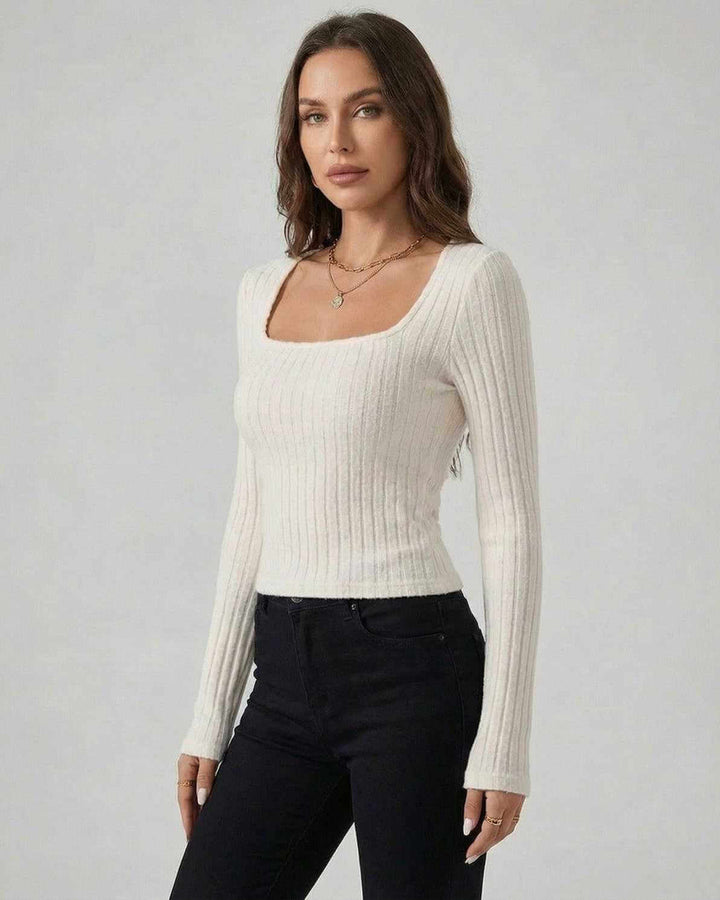 Suéter blanco de mujer, pullover de manga larga. Estilo elegante y casual, con escote cuadrado, para otoño e invierno.