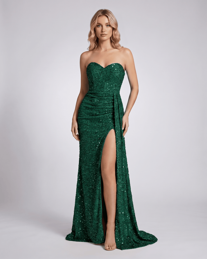 Vestido maxi de lentejuelas sin tirantes para mujer, elegante y brillante para fiesta de noche.