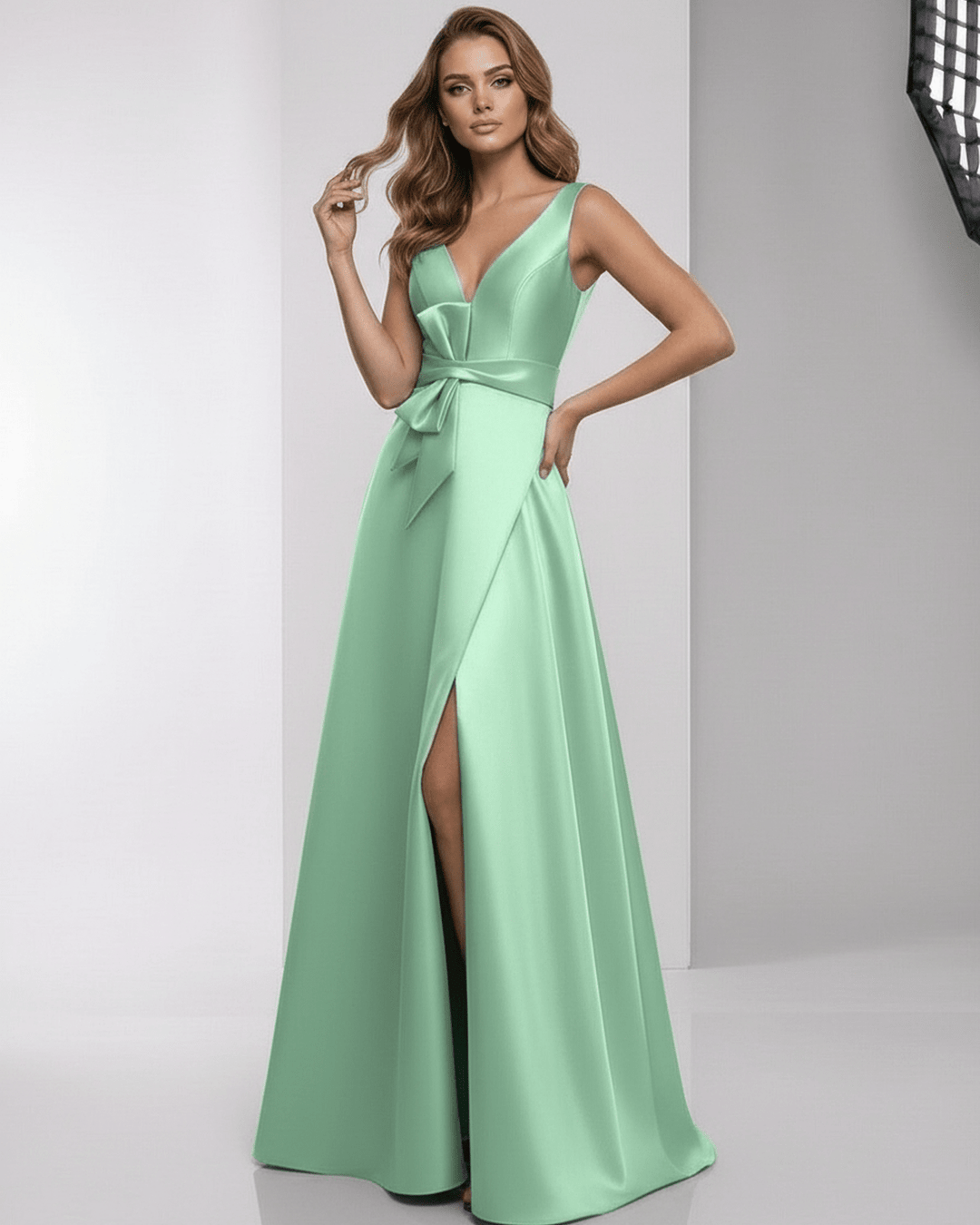 Vestido maxi elegante color blanco para invitada de boda o cóctel. Escote V, silueta A, moda femenina.