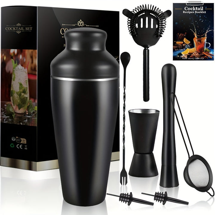Utensilios de cocina: set de bar con shaker, jigger y herramientas de cóctel en acero inoxidable para mixología casera.
