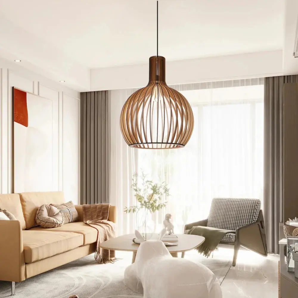 Lámpara colgante de madera estilo nórdico ajustable, ideal para iluminación de comedor o sala, diseño moderno.