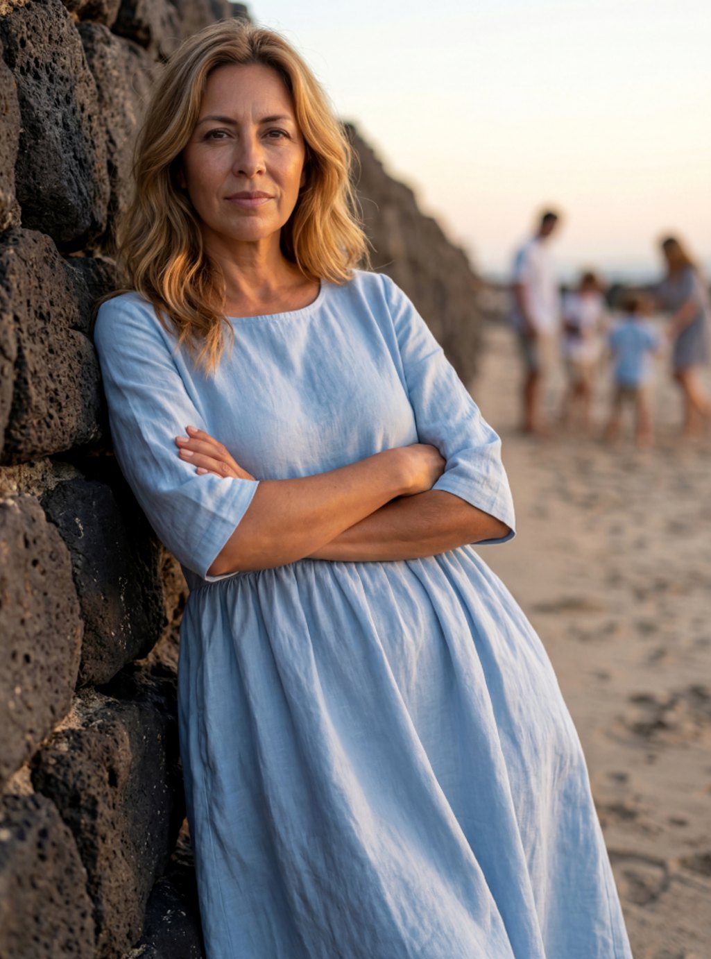 Elegante vestido midi de lino azul para mujer, con manga media y cuello redondo. Perfecto para ropa casual de verano.