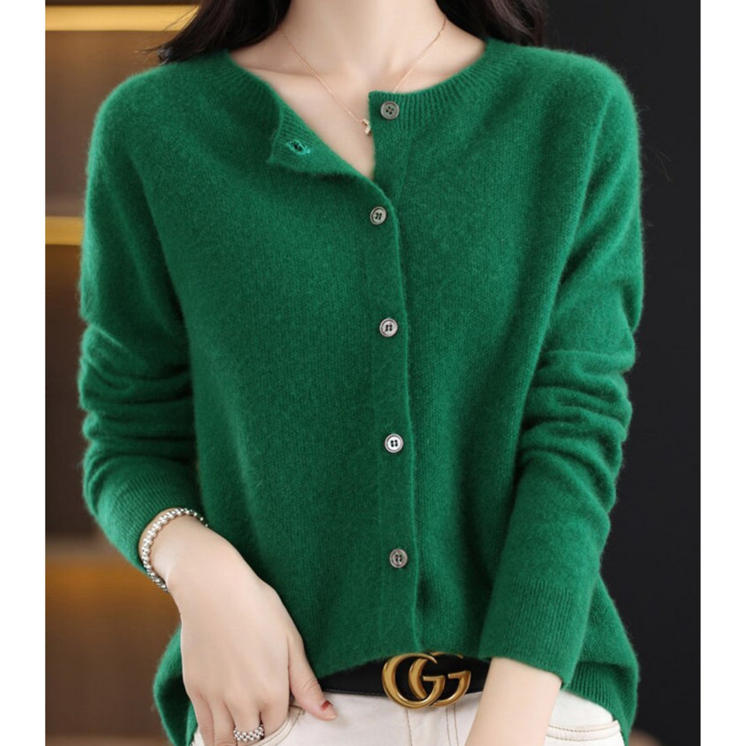 Cárdigan de punto para mujer, cuello redondo, botones, entallado. Lana merino.