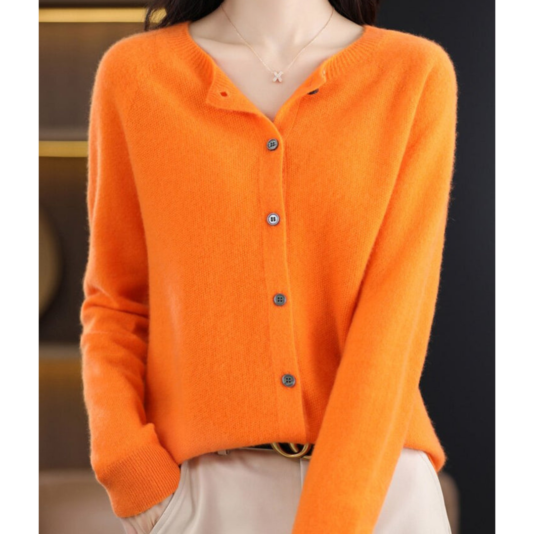 Cárdigan de moda para mujer, punto entallado, suave lana merino, con botones.