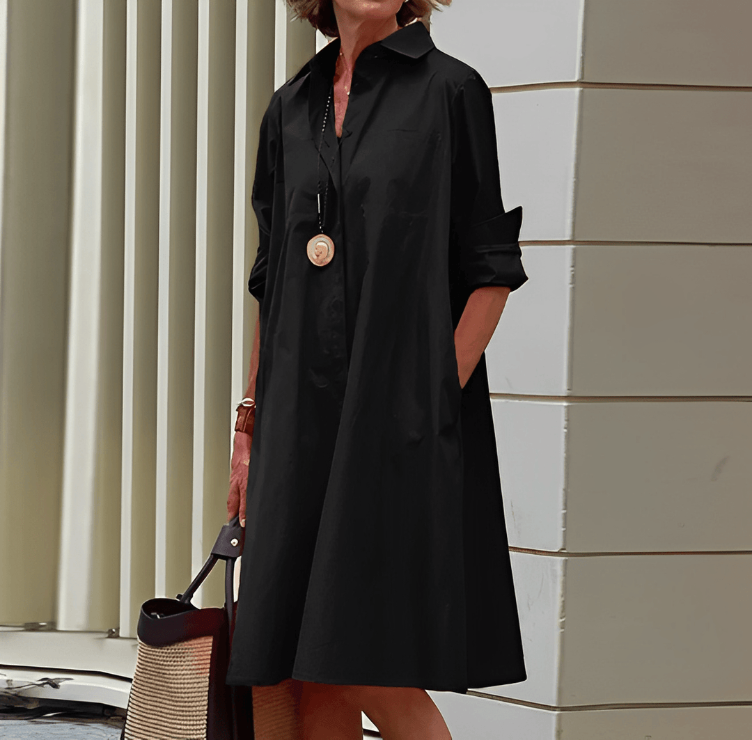 Vestido versátil mujer, cuello vuelto y manga tres cuartos. Ropa femenina elegante para ocasiones formales o casuales.