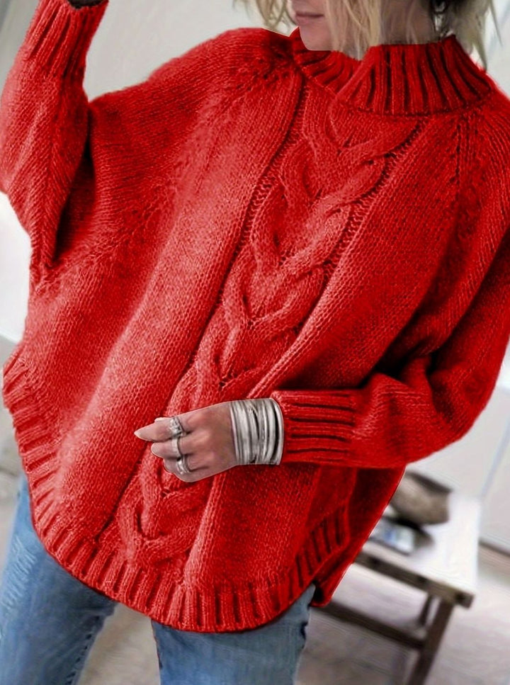 Jersey oversize de mujer con cuello alto, punto trenzado, ideal para invierno.