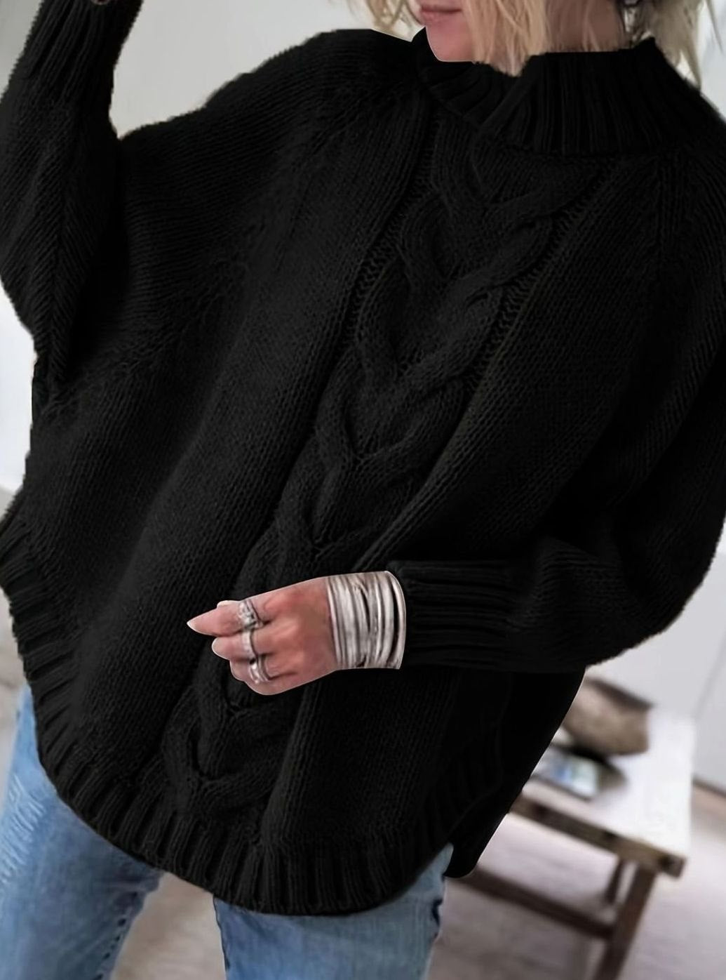 Suéter oversize de punto trenzado para mujer, cuello alto, moda otoño-invierno.