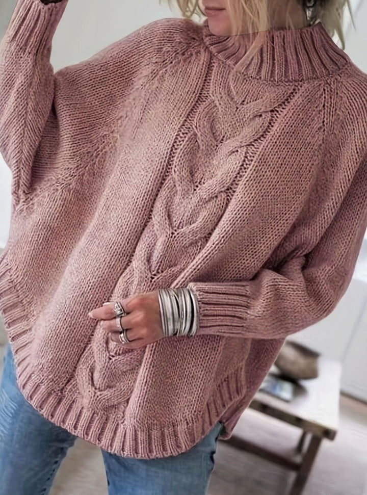 Comodísimo jersey oversize de punto trenzado, cuello alto, estilo mujer, para el frío.