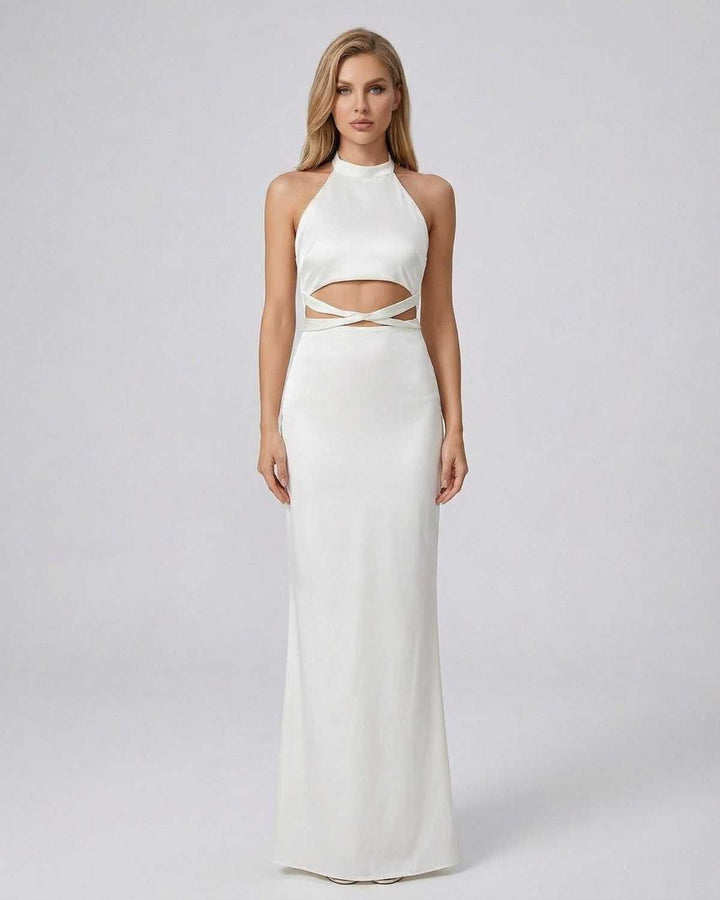 Vestido maxi blanco Elysia de mujer con cuello halter. Ideal para fiesta, formal, elegante y celebraciones.