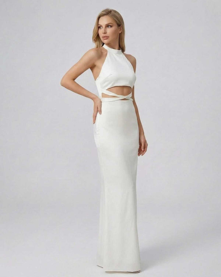 Vestido blanco elegante para mujer, corte maxi bodycon. Cuello halter moderno, perfecto para fiestas.