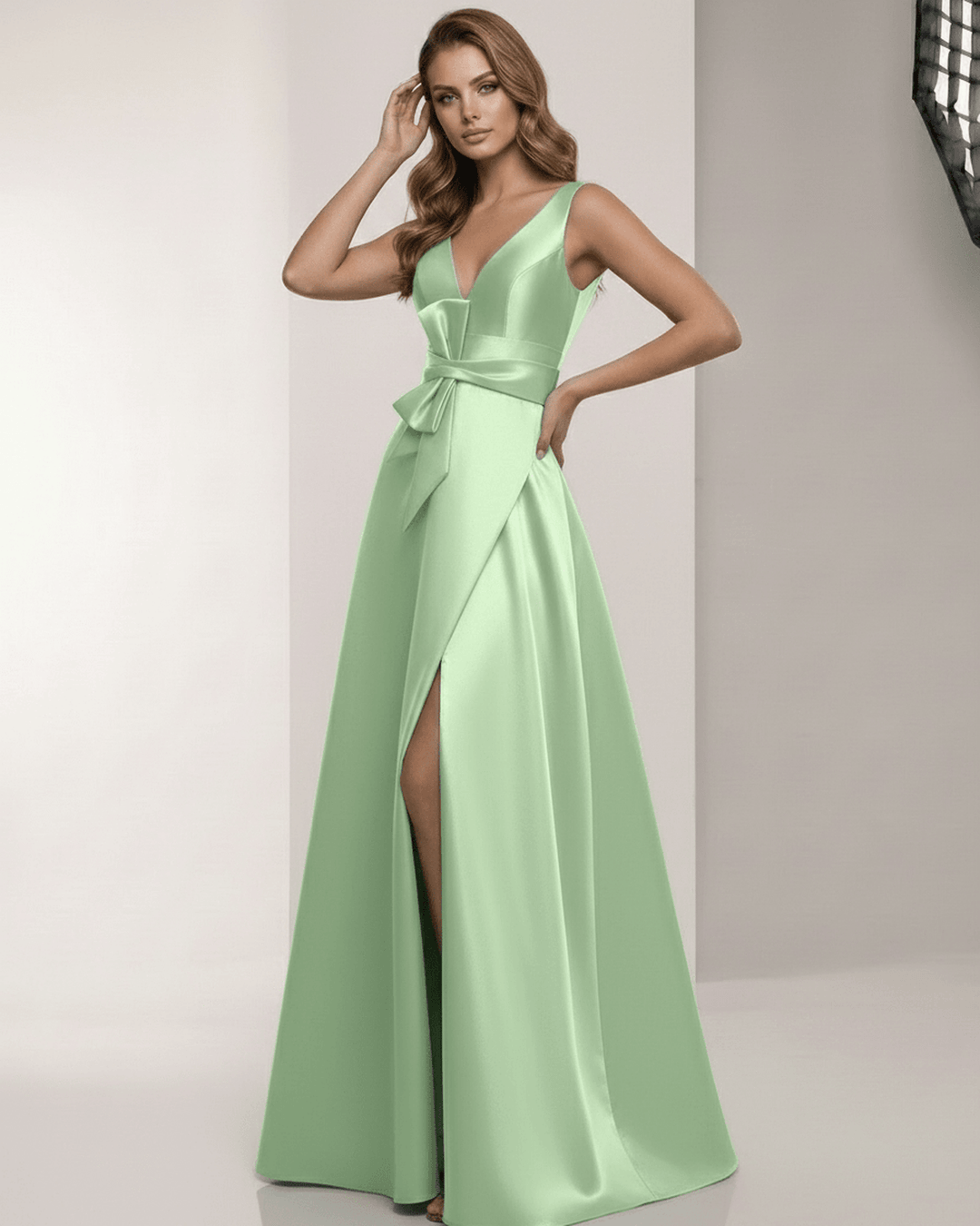 Vestido de mujer blanco, corte A y escote V profundo. Maxi, sin mangas, con lazo en cintura. Look sofisticado.