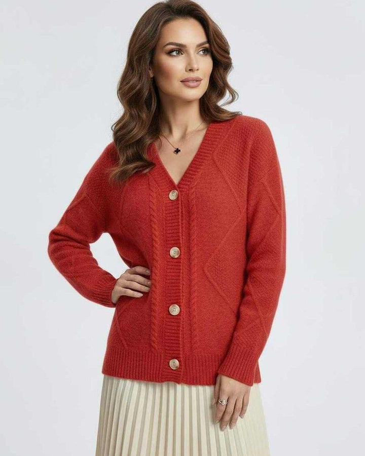 Cárdigan rojo vibrante clásico para mujer, cómodo y elegante. Prenda ideal para ropa de otoño e invierno.