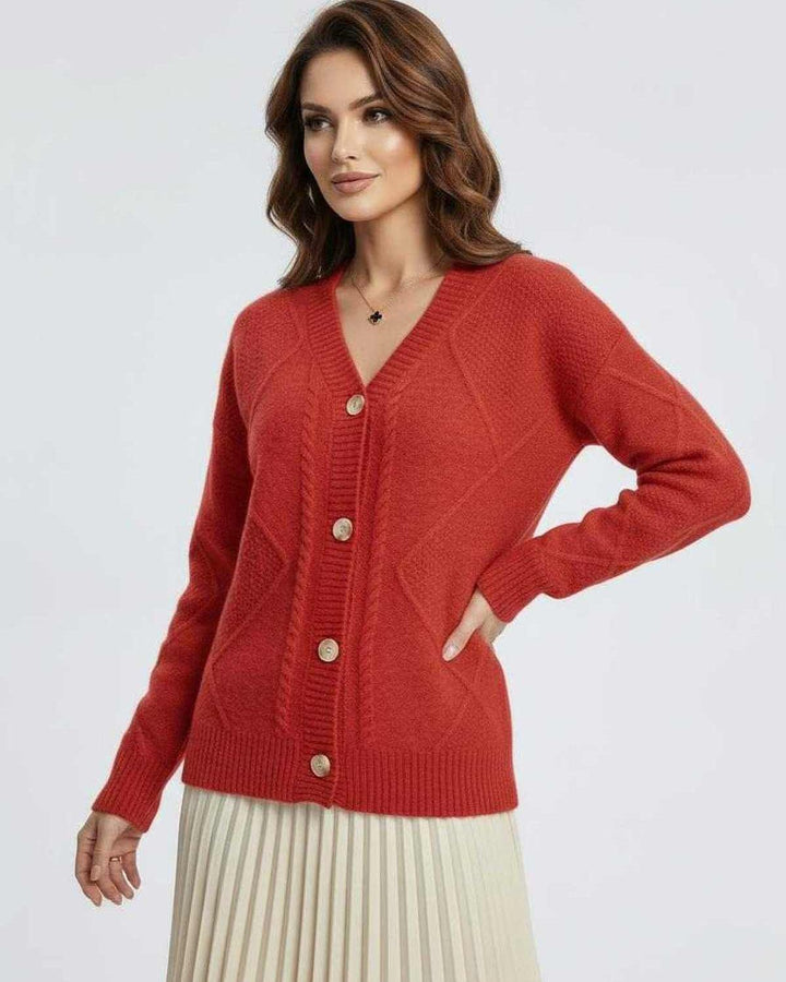 Cárdigan rojo vibrante para mujer, con botones. Prenda versátil y abotonada, perfecta para el día a día o eventos.