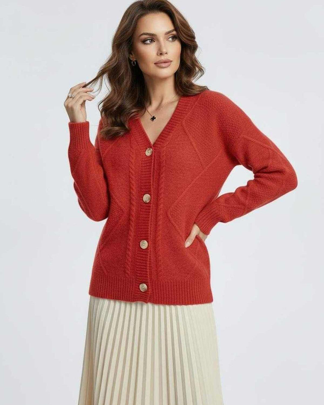 Elegante cárdigan rojo vibrante para mujer, ideal para ropa de otoño e invierno. Un clásico versátil.